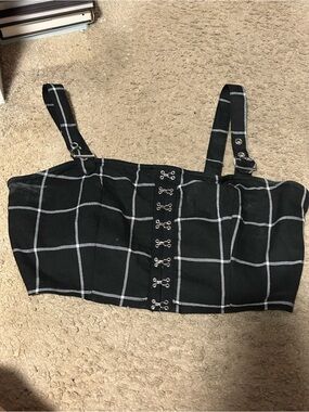 Hot Topic Black Windowpane Hook-Front Crop Top with Straps